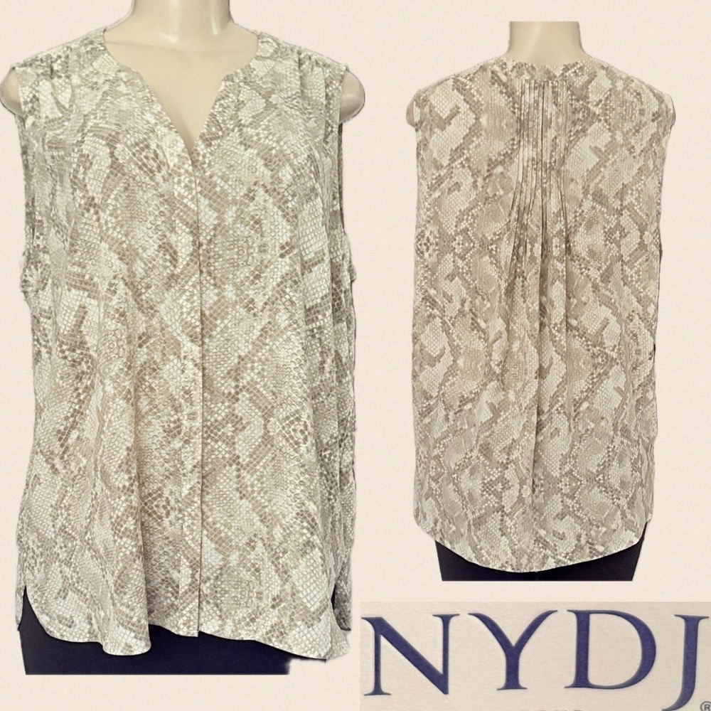 NYDJ L Sleeveless Button Down Blouse Beige Snakeskin Print Back Pintuck Step-Hem